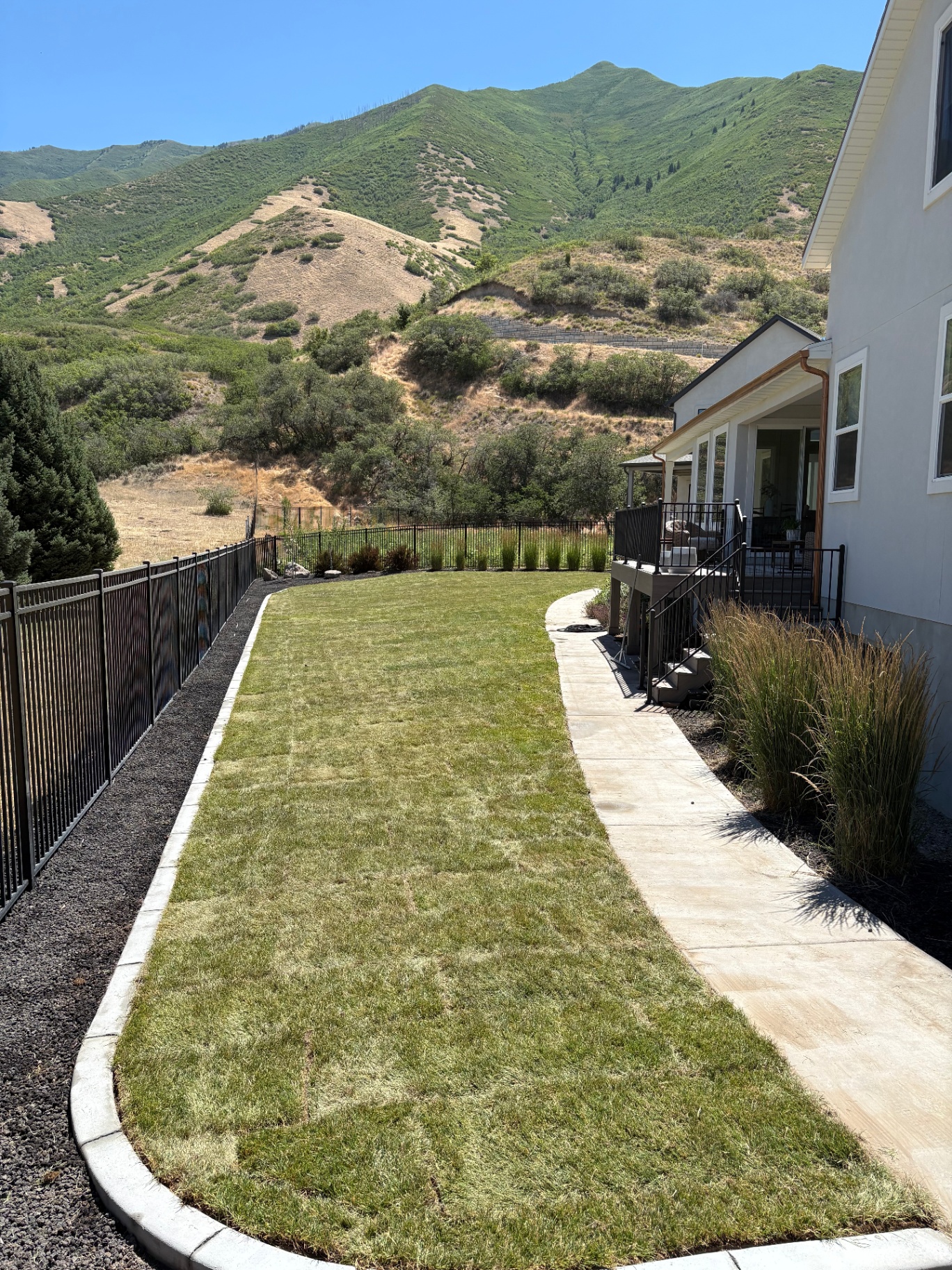 Curved white concrete landscape curbing framing a freshly installed green sod lawn with Utah Wasatch mountain backdrop — Blue Wing Construction and Landscape project.